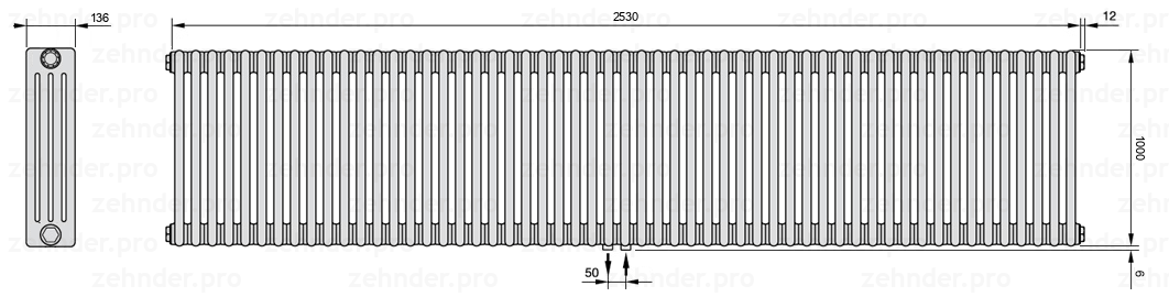 Схема (чертеж) Радиатор Zehnder Charleston 4100/55 №5410 Белый глянцевый RAL 9016